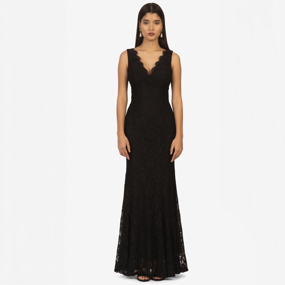 Adrianna Papell Black Lace Sleeveless V Neck Maxi Bridesmaid Wedding Guest Dress